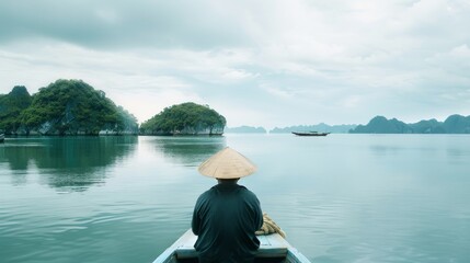 Fototapeta premium A serene scene of a person wearing a conical hat, sitting calmly on a boat, gazing at the tranquil waters and distant rocky islands under a cloudy sky.