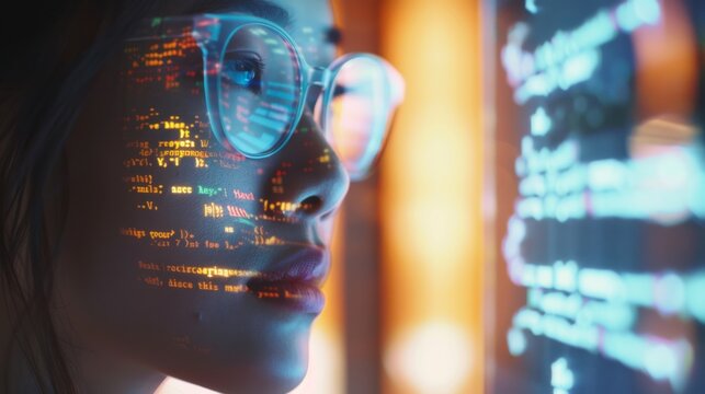 A reflective woman observes code projected onto her glasses, symbolizing deep focus and the essence of modern digital innovation.