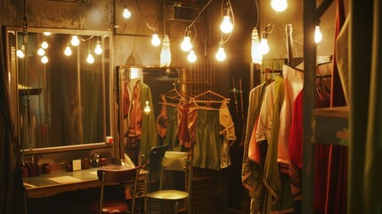 A dimly lit backstage dressing room adorned with hanging clothes and warm glowing lights, creating a cozy and inviting ambiance.