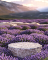 Empty stone podium  in the lavender field. Mountains in the background. For displaying natural beauty products.