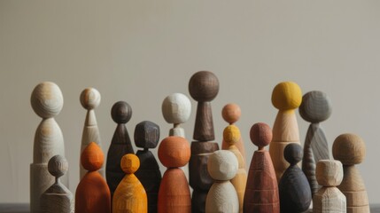 An assortment of wooden figurines of various shapes and sizes is arranged together, symbolizing community and diversity.
