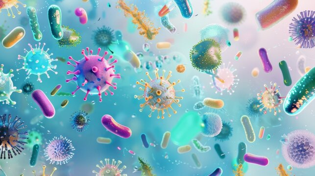 A vibrant, microscopic view of various bacteria and viruses in a colorful, dynamic array set against a soft, blurred background.