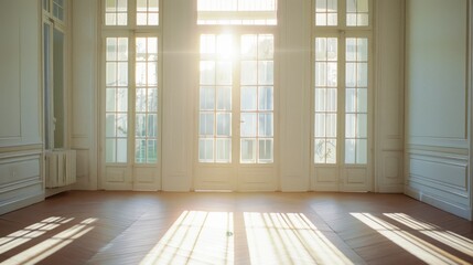 Obraz premium Sunlight streams through grand windows into an empty room, casting long, soft shadows onto the polished wooden floor, evoking elegance and serenity.