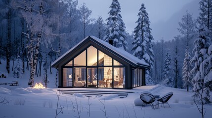 A secluded cabin glows warmly amid a snow-covered forest, offering a cozy refuge, surrounded by tall, snow-laden pine trees.