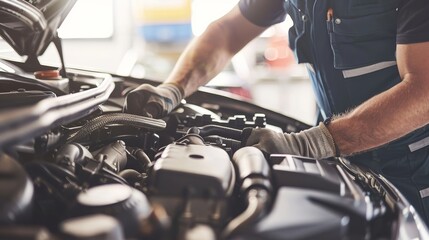 Experienced mechanic meticulously repairing car engine in top notch auto repair workshop
