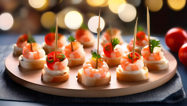 Platter of delicious appetizers with shrimp and tomatoes soft blur background