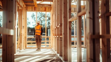 A construction worker in a reflective vest stands amidst unfinished wooden frames, contemplating the progress in the warm, golden morning light.