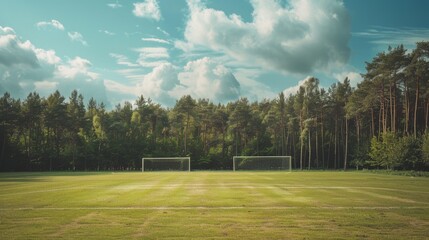 Obraz premium A serene soccer field bordered by dense forest, with dual goalposts and open sky, inviting and tranquil.