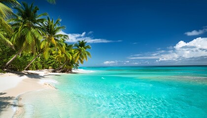 A tropical beach with turquoise waters and palm trees.