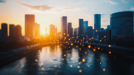 Obraz premium Abstract business team stands on the peak of success amid tall, innovative Smart city and graphs with statistics to analyze business potential and predict future developments in company growth.