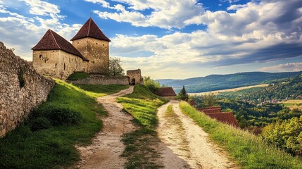 A Medieval Castle Perched on a Hilltop Overlooking Rolling Hills