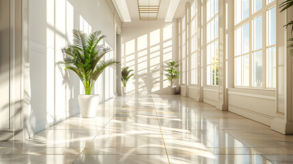 A bright and airy hotel hallway with large windows letting in natural light, modern decor, and a neutral color palette
