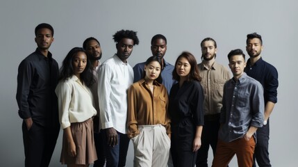 Fototapeta premium A group of diverse individuals stand together, facing the camera, representing unity, community, and diversity in a contemporary style.