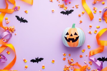 Colorful Halloween scene with pastel pumpkin and candy on purple background