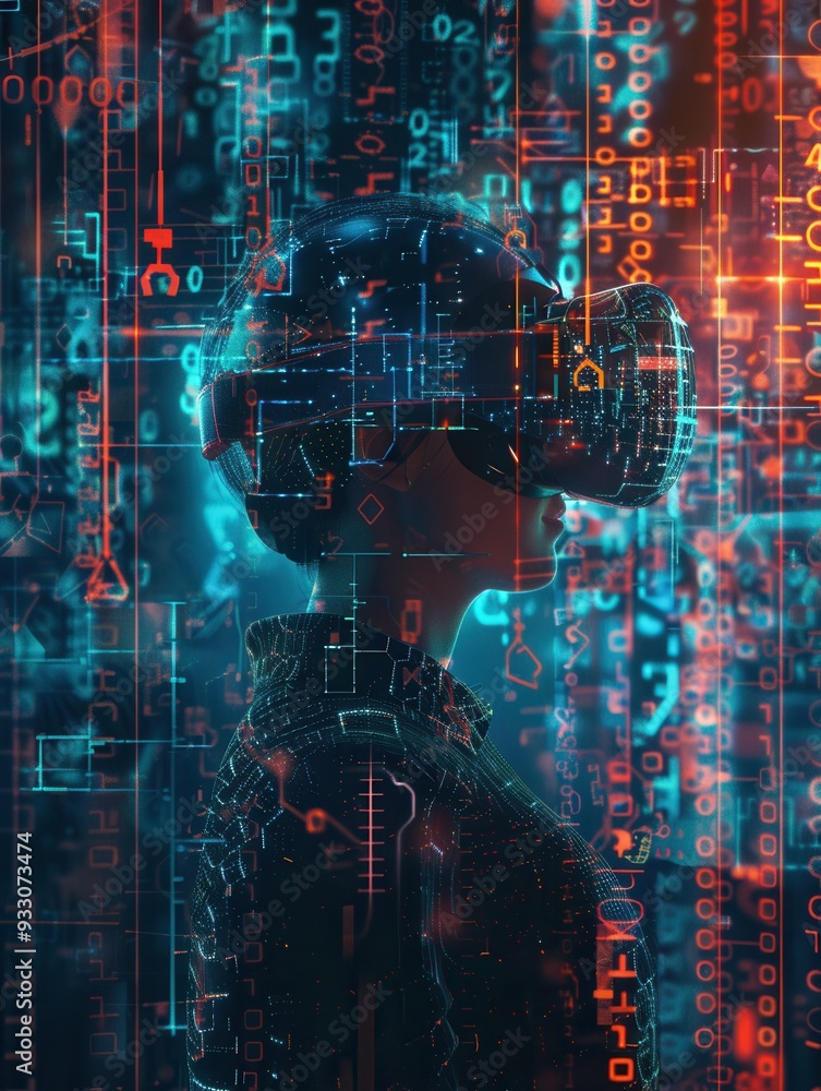 Leinwandbilder A hacker wearing a VR headset navigates a vibrant virtual world brimming with digital locks and complex codes. Generative AI