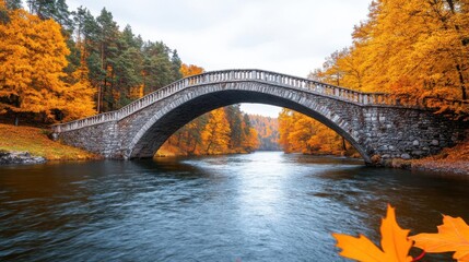 Fototapeta premium A magnificent stone bridge over a river, with autumn leaves swirling in the wind, Classic, Warm Tones