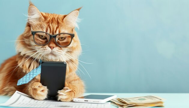 Cat Businessman with Glasses Using Smartphone