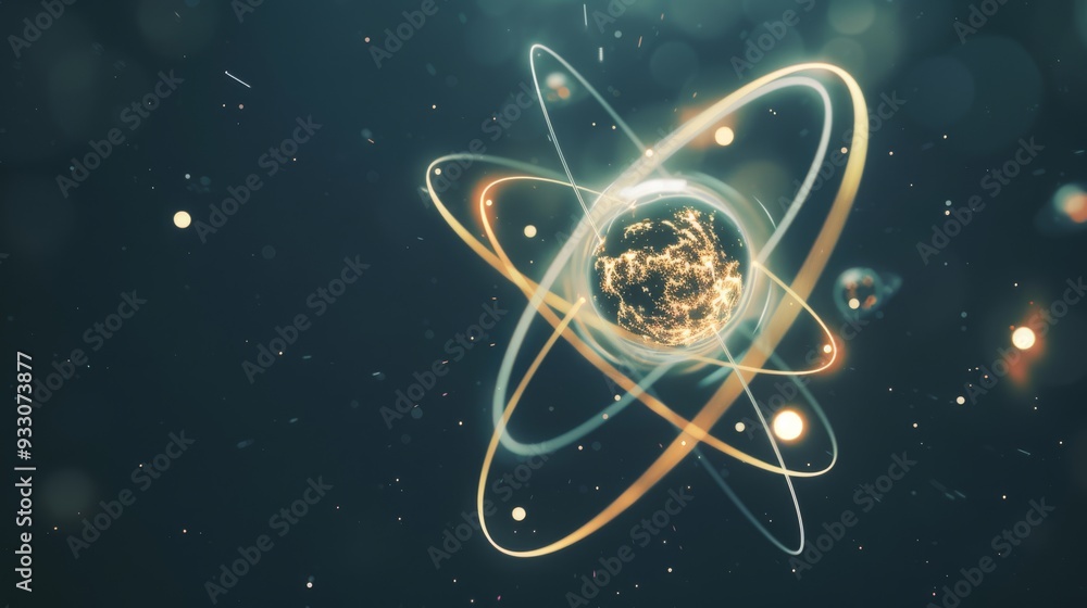 Wall mural illuminated atom model with radiant paths highlighting electrons orbiting the nucleus, set against a