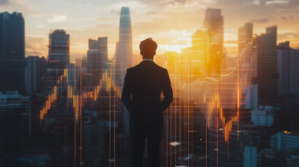 Abstract business man stands on the peak of success amid tall, innovative Smart city and graphs with statistics to analyze business potential and predict future developments in company growth.