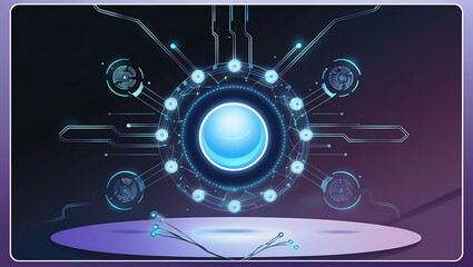 A futuristic, high-tech illustration of an anti-virus system, comprising a stylized, glowing blue orb at its center, surrounded by a mesh of interconnected nodes and circuits that resemble a complex 