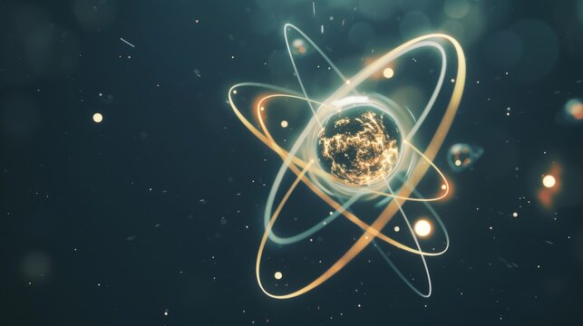 Illuminated atom model with radiant paths highlighting electrons orbiting the nucleus, set against a dark starry background creating a sense of cosmic exploration.