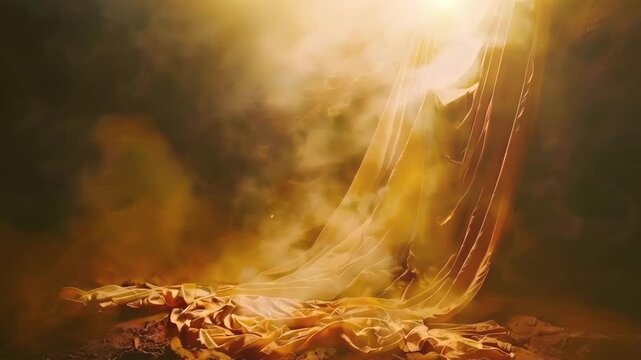 Video recreation of shroud with warm overhead light and smoke surrounding the surrounding atmosphere