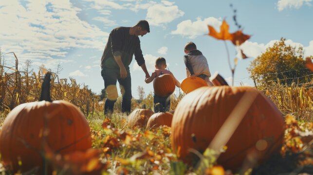 A family enjoys a sunny day in a pumpkin patch, searching for the perfect pumpkins amidst autumn foliage and clear, blue skies.