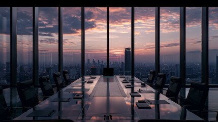 Fototapeta premium A high-rise conference room offers a stunning sunset view over the city skyline, emphasizing modern architecture and urban elegance.
