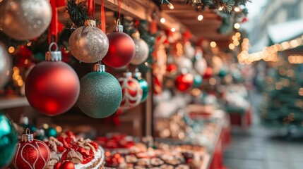 Christmas market with stalls selling ornaments, crafts, and festive treats, bustling holiday spirit