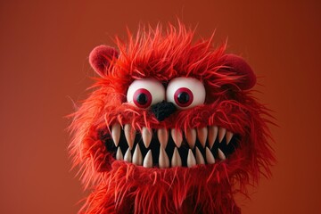 Fototapeta premium This expressive red furry monster puppet with big eyes and sharp teeth is perfect for adding a touch of humor to marketing campaigns.