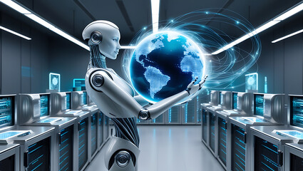 A futuristic laboratory room filled with sleek, silver machinery and rows of humming servers, lit by soft blue LED lights, where a humanoid artificial intelligence robot stands, gently grasping a glow