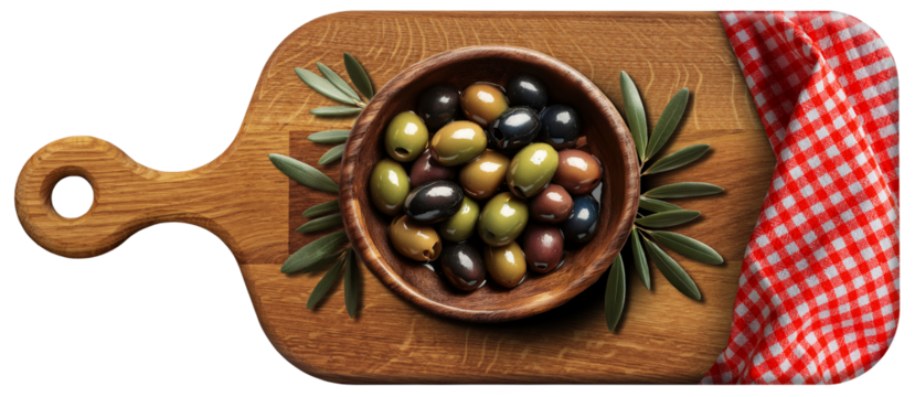 Old olive wood bowl, full of fresh green and black olives above an old wooden cutting board with a red and white checkered tablecloth, isolated on white or transparent background. Png. Generative Ai. - Powered by Adobe