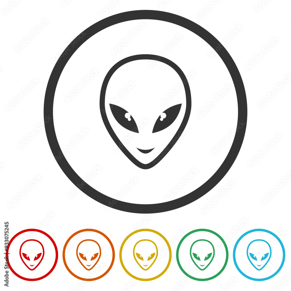 Poster extraterrestrial alien face or head icon. set icons in color circle buttons