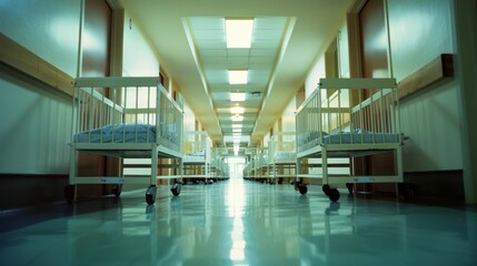 A brightly lit hospital hallway with numerous empty infant cribs, creating a clinical yet tranquil atmosphere.