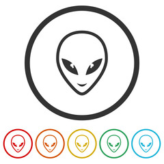 Extraterrestrial alien face or head icon. Set icons in color circle buttons