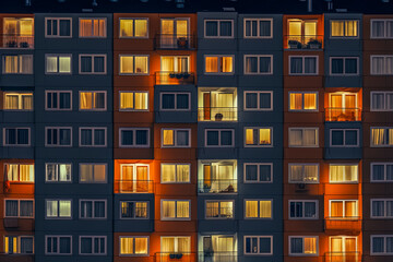 Beleuchtete Fenster in einem Wohnblock, Häuserblock bei Nacht, Generative AI