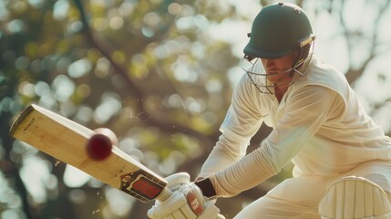 A cricket player wearing full gear intensely focuses as he plays a defensive shot, with the ball caught mid-air near the bat.