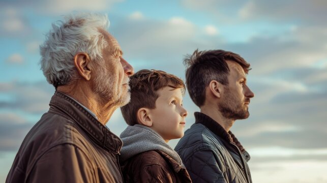 Three generations of men—grandfather, father, and son—stand in profile, gazing thoughtfully towards a vibrant sunset sky.