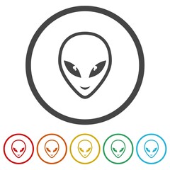Extraterrestrial alien face or head icon. Set icons in color circle buttons