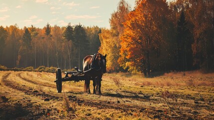Obraz premium A majestic horse stands in a sunlit field during the fall, surrounded by vibrant autumn foliage.
