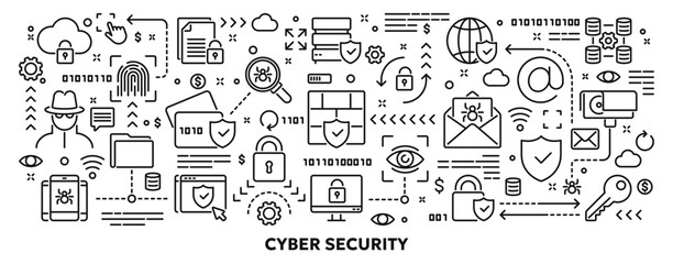 Vector conceptual illustration related to cyber security, personal information protection, private data safety. Linear doodle background or banner for website or mobile app