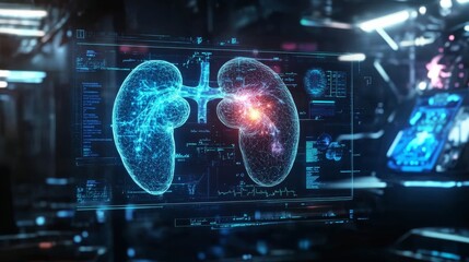 Digital display of human liver functions with holographic elements in a science fiction environment.