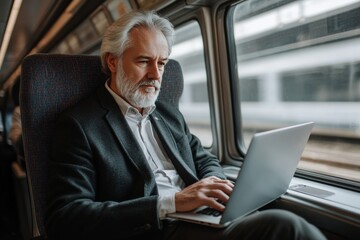 Middle aged businessman working on laptop on high speed train  modern travel concept