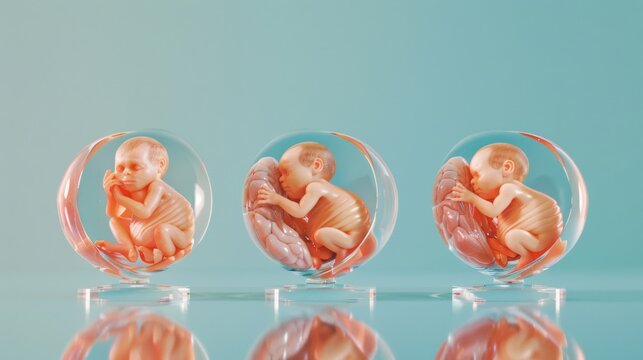 Three human embryos encased in glass bubbles illustrate the delicate stages of early human development against a serene blue background.
