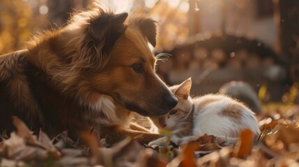 A dog and a cat share a tender moment amidst colorful autumn leaves, embodying a heartwarming display of friendship and tranquility.