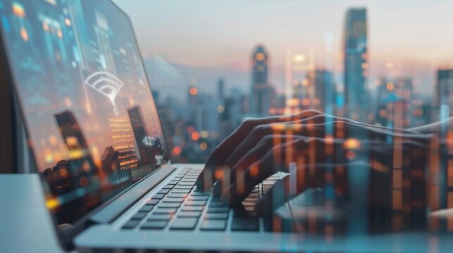 Amid a futuristic city backdrop, hands type on a laptop keyboard, illustrating the intersection of technology and urban evolution.