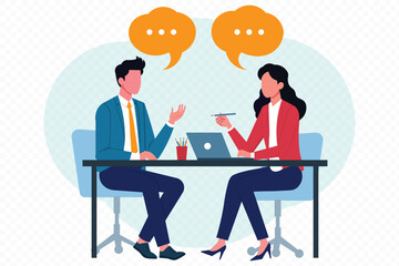 Two people talking - Vector illustration of men in office at work having discussion and conversation with thought bubbles. Flat design with white background.