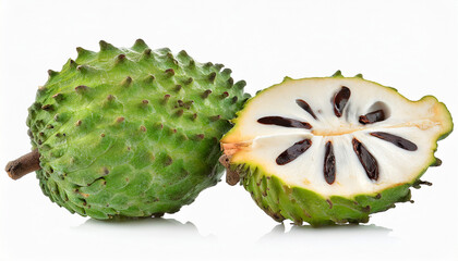 Green soursop exotic fruit isolated on white background, whole and half. Summer tropical vibe
