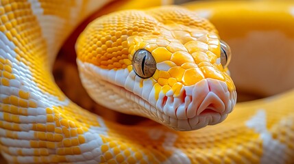 Fototapeta premium A close-up of a yellow and white snake with its eye and mouth visible. The snake's scales are in focus, and the background is blurred.