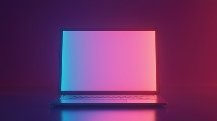 Laptop with a vivid neon gradient screen, blending pink and blue hues, sits on a reflective surface in a dark room. Perfect for tech, digital art, or futuristic-themed projects.